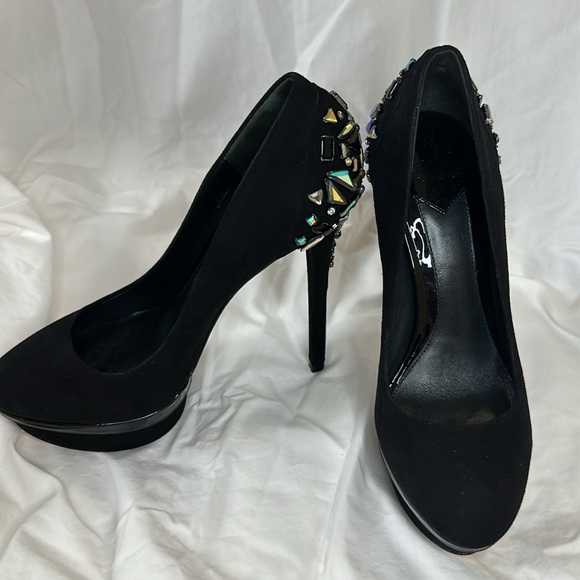 BRIAN ATWOOD Black Suede & Crystal Embellished Platform Heels Ferranta size 7 US - Picture 3 of 11